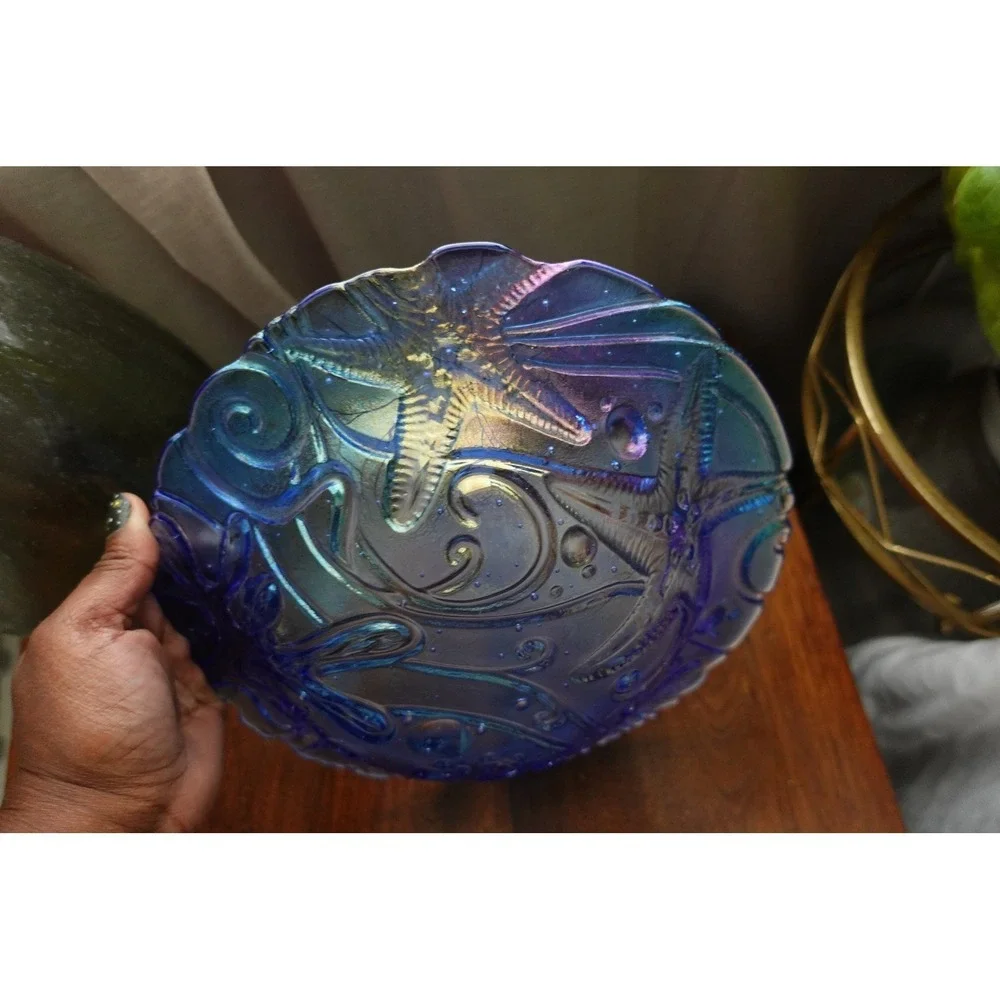 Blue Iridescent Glass Plate Starfish Seashell‎ Decorative Display Dish